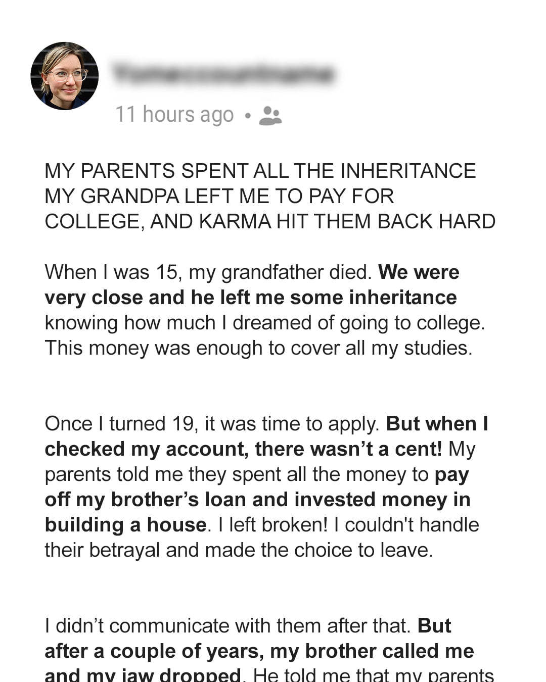 My Parents Spent All My College Fund Inheritance from Grandpa, but Karma Struck Back