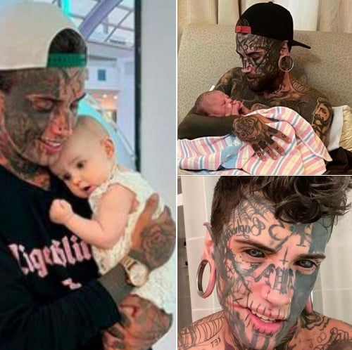 Dad whose body is completely covered in tattoos undergoes transformation for the sake of his young daughter
