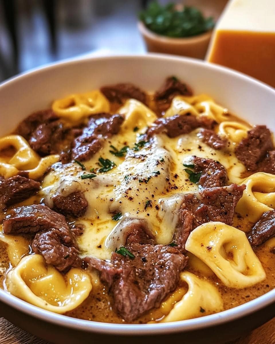Cheesesteak Tortellini in Rich Provolone Sauce